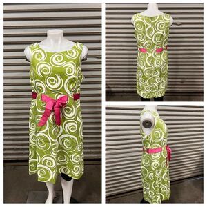 Willow Glenn Vintage Sleeveless Dress green White swirls Pink waist Bow SZ 14